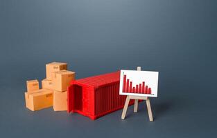 Boxes and container near the easel with falling graph. Drop of transportation volume, world trade traffic reduction. Fall in sales. Reduced prices for freight and transportation of goods. photo