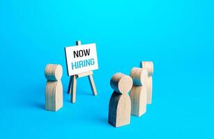People and easel with a call Now hiring. Recruitment new employee workers. Search for specialists and professionals. Headhunter hr. Selection of candidates for open vacancies. Staff job interview. photo