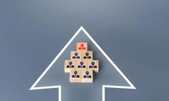 Business team group of people made of blocks in the direction arrow. Teamwork. Formation of an organized group for the cooperative achievement of the goal. Follow the planned development . photo