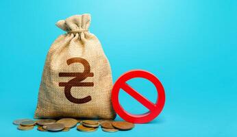 Ukrainian hryvnia money bag and red prohibition sign NO. Monitoring suspicious money flows. Termination projects. Confiscation of deposits. Monetary restrictions, freezing of bank accounts. photo
