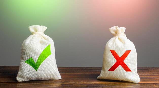 Two bags with a green check mark and a red cross. Risk planning. Advantages and disadvantages. Useful and harmful properties. Weighing decision making, evaluating profit and consequences. Choice photo