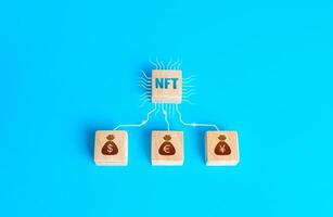 Blocks NFT non-fungible token and money connected by lines. Selling digital assets and art through auctions. Blockchain technology. Monetization, investment in cryptographic tokens, cryptocurrency. photo