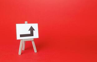 Easel with a right turn arrow. Minimalism. Direction to go around on the left. Advertising. Obscure obstacles, move towards the goal. New rules. Copy space photo