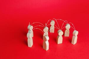 Group of people connected by lines. Team relationships interconnected network. Communication, exchange of information. Cooperation and collaboration. Social connections. Team building organization photo