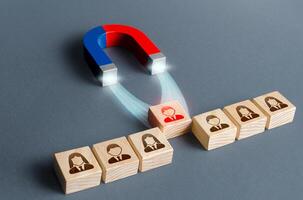 The magnet pulls a red person figure out of the row. Luring concept. Hiring best candidate. Poaching participants from other company. Selection for a management position on a competitive basis. photo
