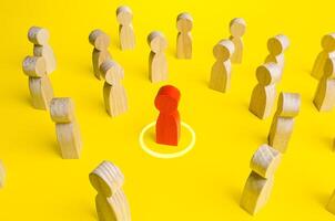 Red figurine of a man in a circle in crowd of people. Personal space, comfort zone. Maintaining distance to avoid contact and infection. Identification of infected persons and isolation from society. photo