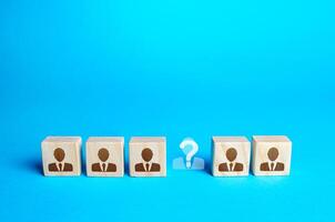 Missing employee block in a row. Recruiting a team, hire missing essential specialists in the company's department. Human resource management, hiring new qualified employees. Staffing agency. photo