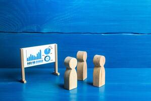 Figures of people are looking at the whiteboard with a diagram. Briefing and work meetup. Statistics analysis and marketing strategy development. Data review, market share. Training and coaching. photo