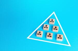 Blocks of people are joined together in a triangle. Combining efforts to achieve goal. Business team formation. Functioning of a self-organized community without a leader. Performance and flexibility photo