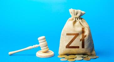 Polish zloty money bag and judge's gavel. Litigation, dispute resolution, conflict of interest settlement. Justice. Lawyer services. Awarding moral financial compensation. Protection rights. photo