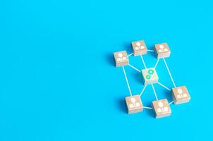 Blocks of people connected by connections unite around work on a new project. Founding a business company around a startup development. Cooperation teamwork. Innovation, collective fresh ideas. photo