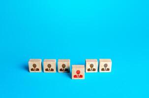 Person figurine comes out of the row. Promotion at work, appointment to the role of team leader. Dismissal of an employee. Take the first step, be different. Initiative and aspiration. Different one photo