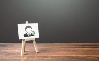 Easel with a symbol of hiring new employees. Help wanted. Recruiting and HR management. Hiring workers, staffing. Headhunters and Human Resources. Search for skilled specialists and professionals. photo