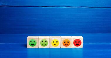 Mood faces from happy to angry on wooden blocks. Concept of rating, review. Visitor satisfaction with the services received. Communication and feedback. Quality assessment, meeting expectations. photo