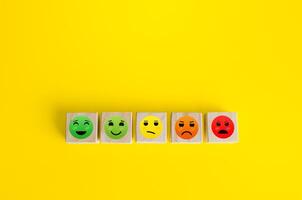 Mood faces from happy to angry on wooden blocks. Concept of rating, review. Visitor satisfaction with the services received. Quality assessment, meeting expectations. Communication and feedback. photo
