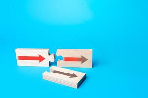 Puzzles with arrows symbolizing the choice of correct option to continue. Choosing a further path, alternative options. Choice, new possibilities. Best pick selection, most simple and affordable way photo