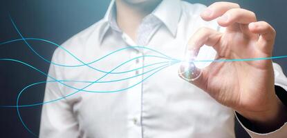 The man straightens the untied thread line. Simplification, problem solving. Settle things up. Optimization, improvement of business processes. Simplification planning. Best option. Remove deviations photo