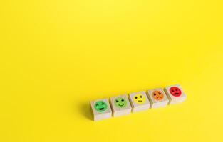 Blocks with mood faces gradations from happy to angry. Concept of rating, review. Visitor satisfaction with the services received. Communication and feedback. Quality assessment, meeting expectations. photo