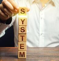 The man builds a tower of blocks the word System. Creation of a system, organization of processes, systematization. Establishment of a new order. Regulation work. Stability and invulnerability photo