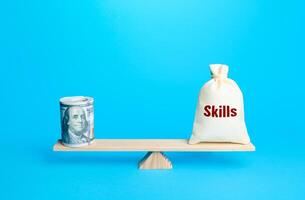 Bundle of dollars and a bag of skills on scales. Concept of education and investment in human capital. Self-development, refresher courses. Salary size in relation to employee professionalism . photo