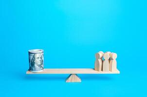 Wooden people and a bundle of dollars on the scales. Reducing the cost of staff salaries. Reduction of workers and optimization of the workflow. Saving the company's budget. Average income, wages photo