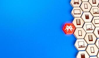 Virus attacks the network with electronic devices. Threat of malware infection of computers, mobile and smart speakers. Confidentiality, security of personal and financial data. Spyware integration photo
