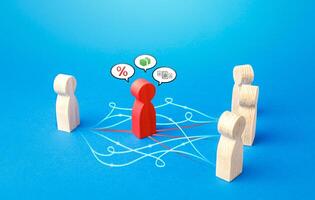 Figures of people connected bypassing the red mediator. Direct contact, minimizing costs. Corruption risks, bureaucracy. Exposing criminal schemes. Simplify Doing Business. Direct lending, fundraising photo