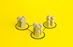 Groups of people are connected by lines. Interdependence correlation in workflow. Interacting and joining forces with other teams. Interact to complete tasks. Formation of a more complex community. photo