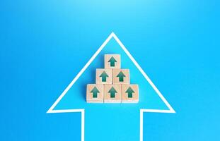 Blocks with unidirectional arrows united in a single move arrow. Directing all efforts and resources to achieve the goal and solve an urgent problem. Mobilization efforts. Consolidation. Organization photo