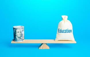 Bundle of dollars and a bag of Education on scales. Investments of budgetary funds in the educational system, a policy of improving quality of education and the release of highly qualified specialists photo