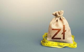 Polish zloty money bag and measuring tape meter. Declaration of income, illegal enrichment. Analysis of economic situation. Formation and optimization of the budget, savings. Assessment of capital. photo
