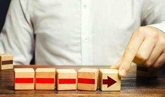 Man builds an arrow from blocks. Business development, growth process concept. Career promotion, improving skills. Business building and expansion. Goal achievement. Progress and movement forward. photo
