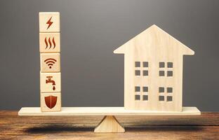 House and blocks with utilities public service symbols on scales. Availability of bill payment. Home is too big and its maintenance costs are high. Improve water and energy efficiency. Energy saving photo