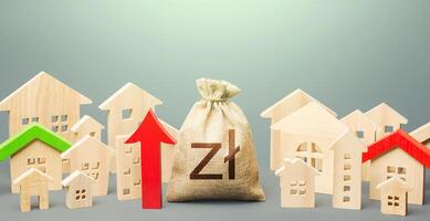 Polish zloty money bag and a city of house figures and red up arrow. Recovery and growth in property prices, high demand. Rent growth. Investments. Increase in revenues to municipal budget. photo