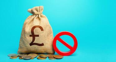 British pound sterling money bag and red prohibition sign NO. Confiscation of deposits. Termination projects. Monetary restrictions, freezing of bank accounts. Monitoring suspicious money flows. photo
