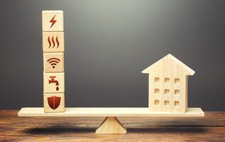 House and blocks with utilities public service symbols on scales. Home is too big and its maintenance costs are high. Availability of bill payment. Improve water and energy efficiency. Energy saving photo