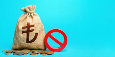 Turkish lira money bag and red prohibition sign NO. Confiscation of deposits. Termination projects. Monitoring suspicious money flows. Monetary restrictions, freezing of bank accounts. photo