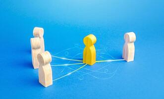 The yellow person acts as mediator between people. Bridging parties, communication. Easy negotiation process, elimination of bureaucratic obstacles and barriers. Refer new customers, provide services. photo
