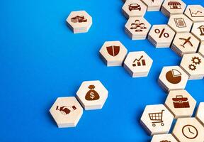 Hexagonal shapes with business attributes are collected into a single structure. The recipe for a successful business model. Make a new company. Management and development. Turquoise paradigm photo