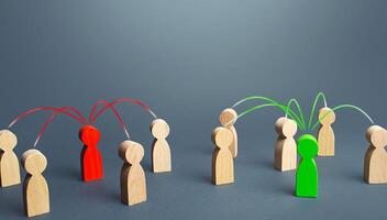 Red and green persons compete for influences on other people. Luring people to their side, imposing opinions. Fight for the minds. Build support, strengthen your position in a dispute or election. photo
