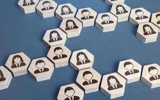 System structure of company employees as chains of hexagons. Development and teambuilding. Organization of business, distribution of responsibilities, well coordinated teamwork. Recruiting and hiring. photo