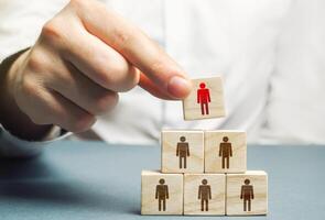 A hand places a mentor leader at the head of a group of people. Team building, hierarchical power vertical. Leadership skills. Teamwork, cooperation and collaboration. Management of effective team. photo