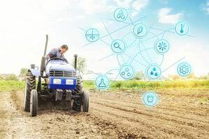 Futuristic innovative technology pictogram and a farmer on a tractor. Science of agronomy. Technology Improvement in quality and yield growth. Farming and agriculture startups. Improving efficiency photo