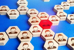 Red figurine of an employee in a big business company structure. Toxic and unreliable worker, bad influence. Leadership, teamwork. Staff relationships. Founder of the company, uniting around idea. photo