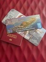 Abu Dhabi, UAE - May 30, 2024 Boarding pass, Russian passport and communication package 5G in Dubai photo
