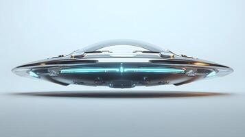 Futuristic silver UFO spacecraft with glowing blue energy rings and transparent dome, rendered in 3D with chrome textures and dramatic lighting against white background. technological photo
