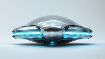 Futuristic silver UFO spacecraft with glowing blue energy rings and transparent dome, rendered in 3D with chrome textures and dramatic lighting against white background. lighting photo