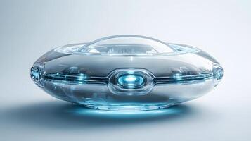 Futuristic silver UFO spacecraft with glowing blue energy rings and transparent dome, rendered in 3D with chrome textures and dramatic lighting against white background. minimal photo