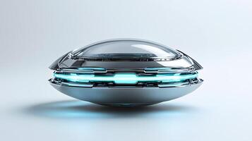 Futuristic silver UFO spacecraft with glowing blue energy rings and transparent dome, rendered in 3D with chrome textures and dramatic lighting against white background. futuristic photo