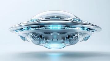 Futuristic silver UFO spacecraft with glowing blue energy rings and transparent dome, rendered in 3D with chrome textures and dramatic lighting against white background. dome photo